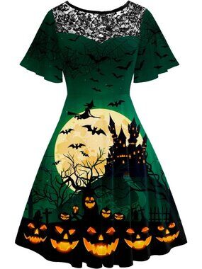 Women Halloween Dress Lace Flutter Sleeve A-Line Party Dress-Castle Witch Green